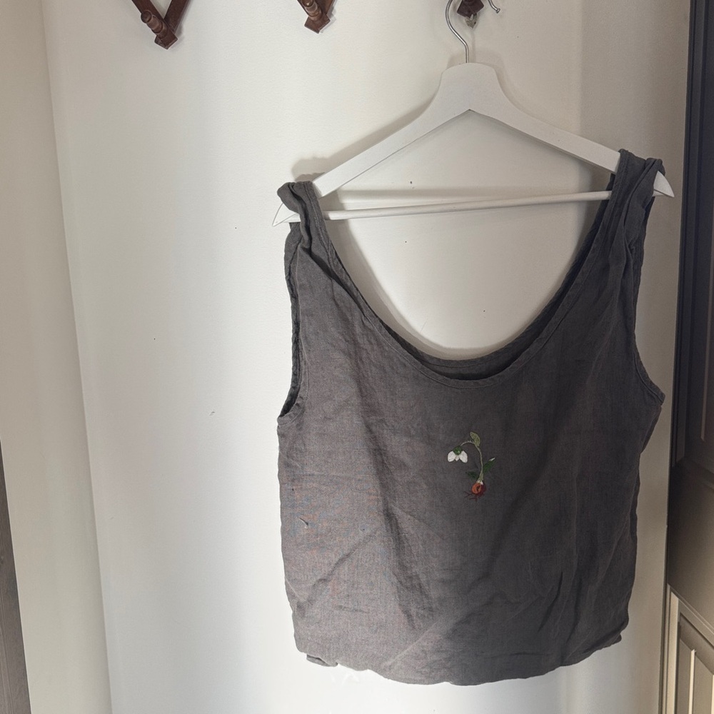 Gray linen bag tote with Floral Embroidery La petite Alice
